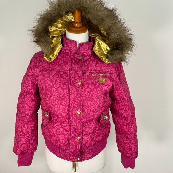 Vintage APPLE BOTTOMS pink gold fur lined hood jacket XL tie grommets puffer - Picture 3 of 10